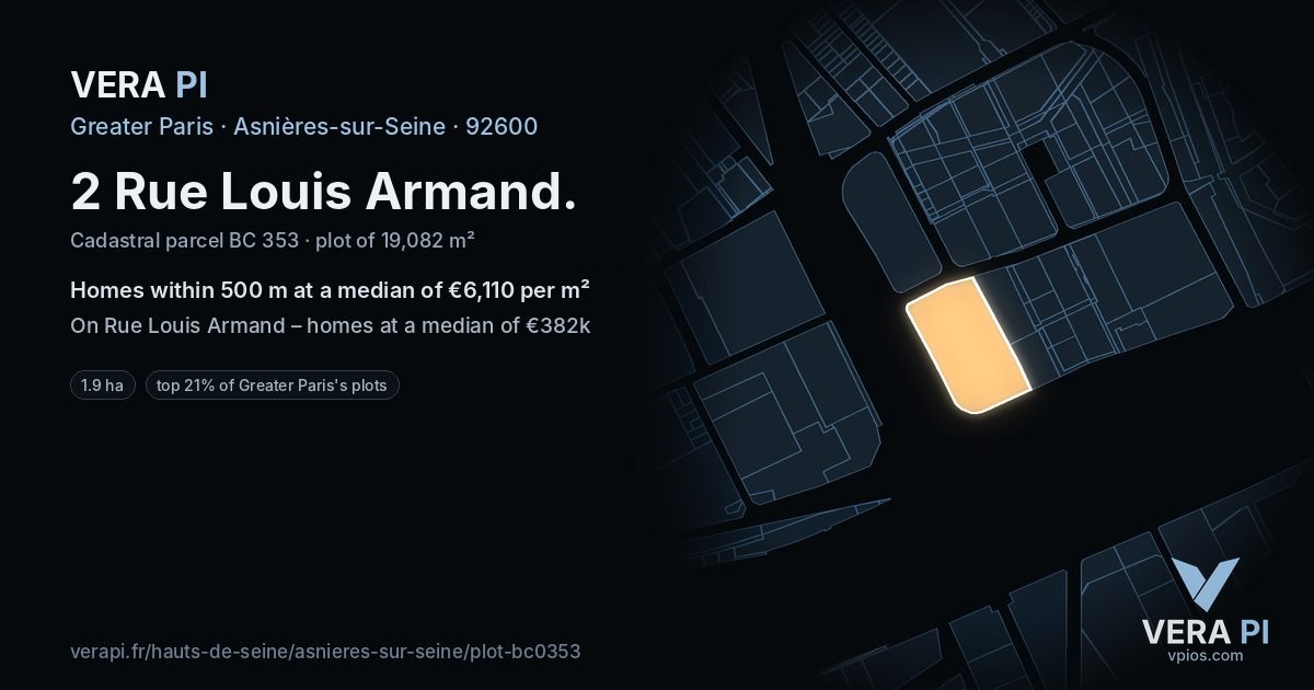 2 Rue Louis Armand, Asnières-sur-Seine at night – the plot lit, the parcels around coloured by the prices near them