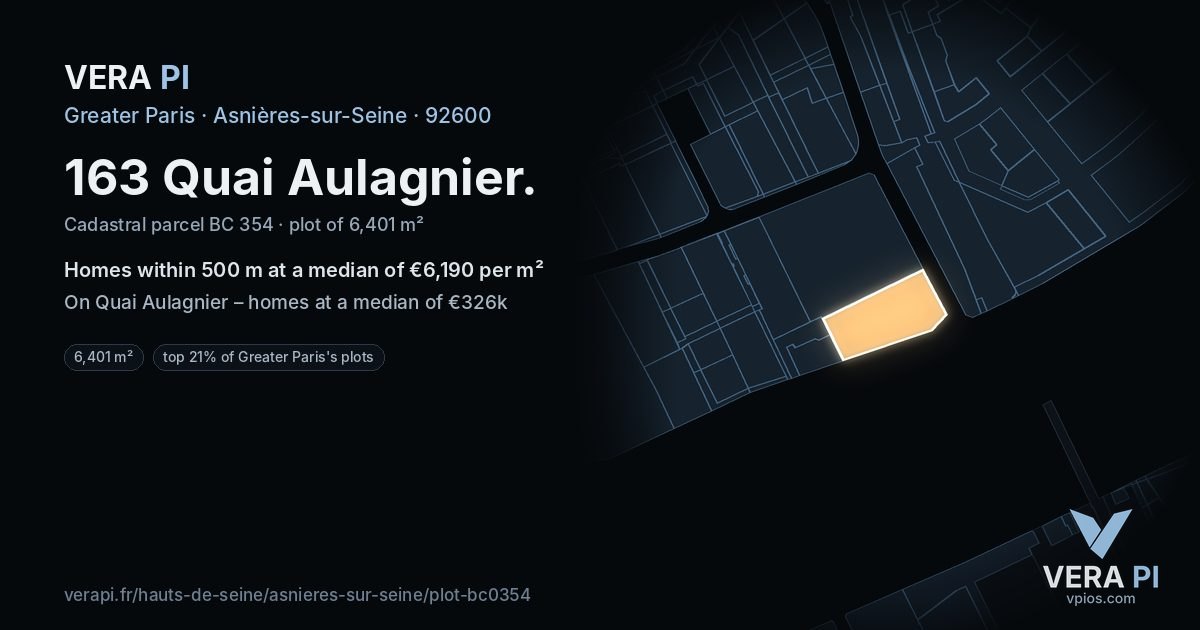 163 Quai Aulagnier, Asnières-sur-Seine at night – the plot lit, the parcels around coloured by the prices near them