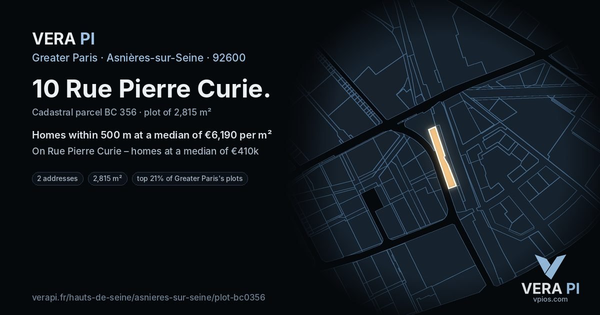 10 Rue Pierre Curie, Asnières-sur-Seine at night – the plot lit, the parcels around coloured by the prices near them