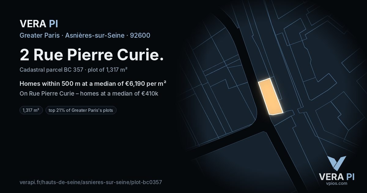 2 Rue Pierre Curie, Asnières-sur-Seine at night – the plot lit, the parcels around coloured by the prices near them