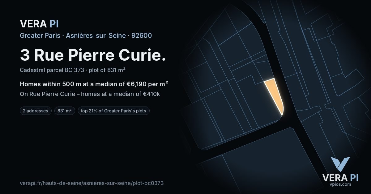 3 Rue Pierre Curie, Asnières-sur-Seine at night – the plot lit, the parcels around coloured by the prices near them