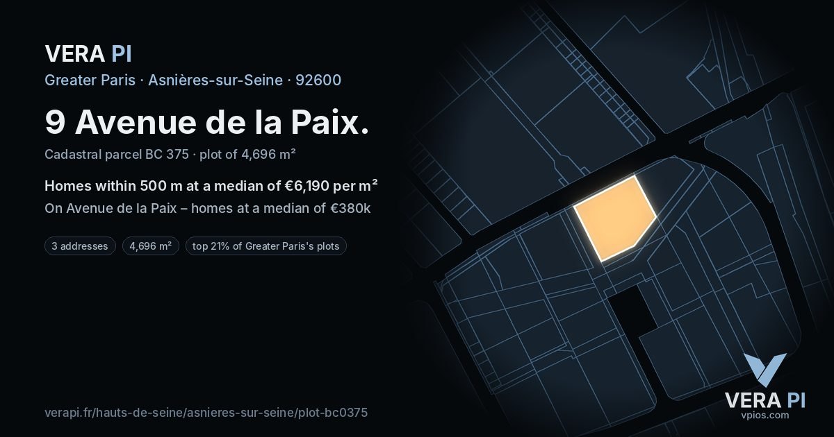 9 Avenue de la Paix, Asnières-sur-Seine at night – the plot lit, the parcels around coloured by the prices near them