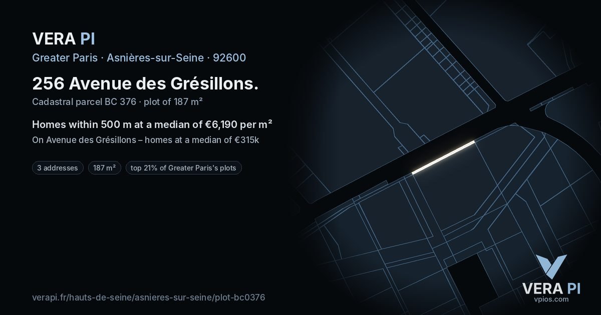 256 Avenue des Grésillons, Asnières-sur-Seine at night – the plot lit, the parcels around coloured by the prices near them