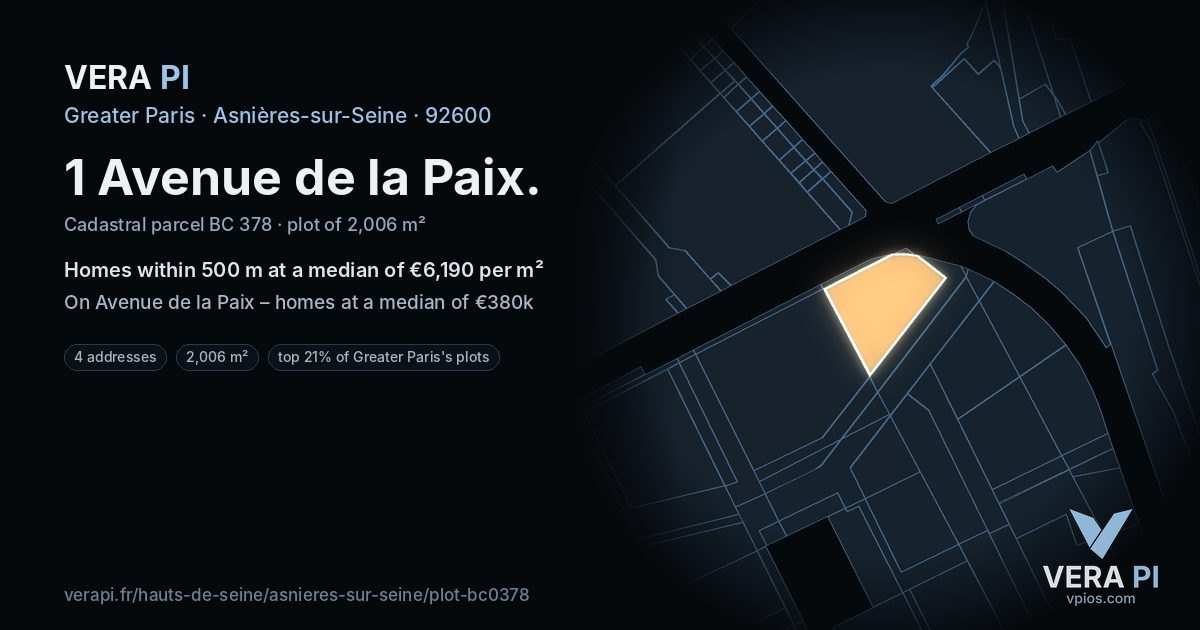 1 Avenue de la Paix, Asnières-sur-Seine at night – the plot lit, the parcels around coloured by the prices near them