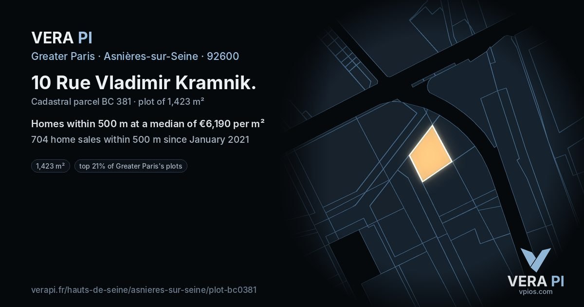 10 Rue Vladimir Kramnik, Asnières-sur-Seine at night – the plot lit, the parcels around coloured by the prices near them