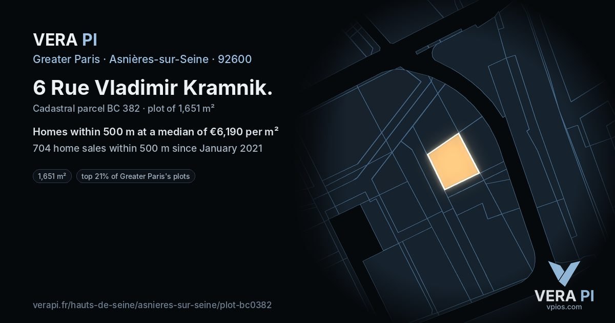 6 Rue Vladimir Kramnik, Asnières-sur-Seine at night – the plot lit, the parcels around coloured by the prices near them