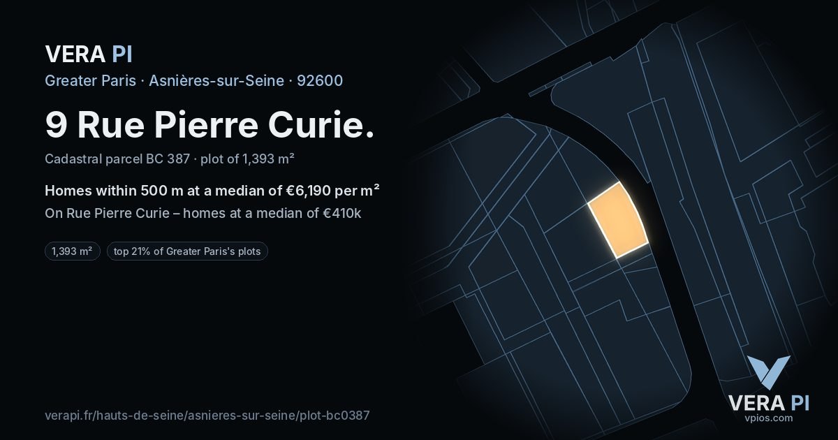 9 Rue Pierre Curie, Asnières-sur-Seine at night – the plot lit, the parcels around coloured by the prices near them