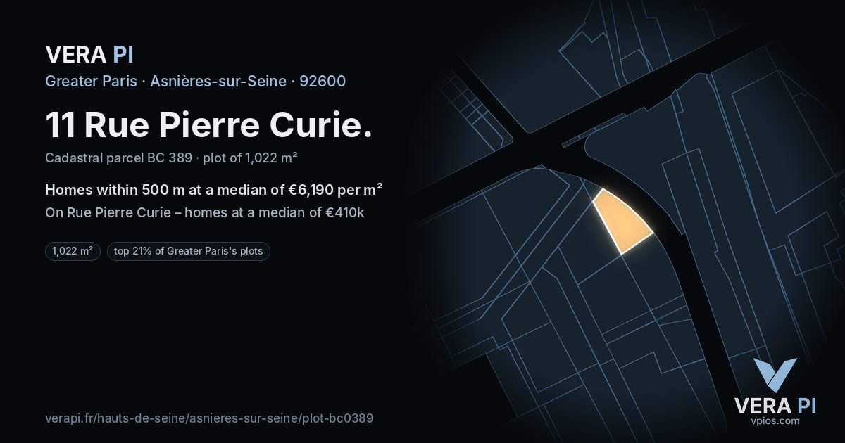 11 Rue Pierre Curie, Asnières-sur-Seine at night – the plot lit, the parcels around coloured by the prices near them
