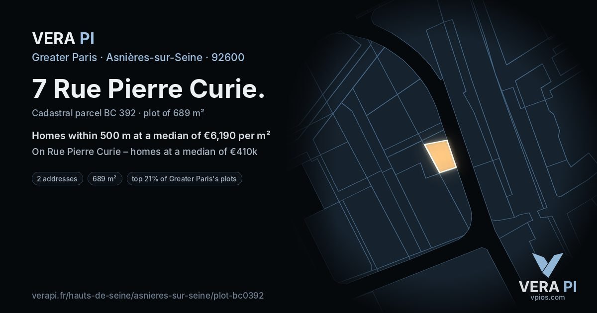 7 Rue Pierre Curie, Asnières-sur-Seine at night – the plot lit, the parcels around coloured by the prices near them