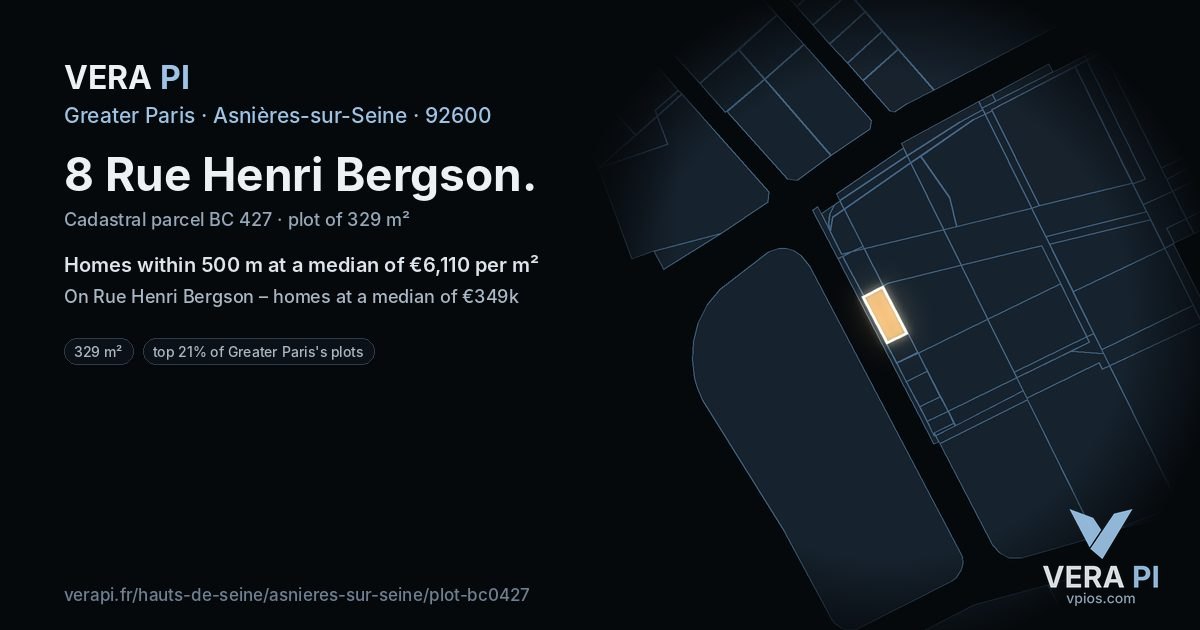 8 Rue Henri Bergson, Asnières-sur-Seine at night – the plot lit, the parcels around coloured by the prices near them