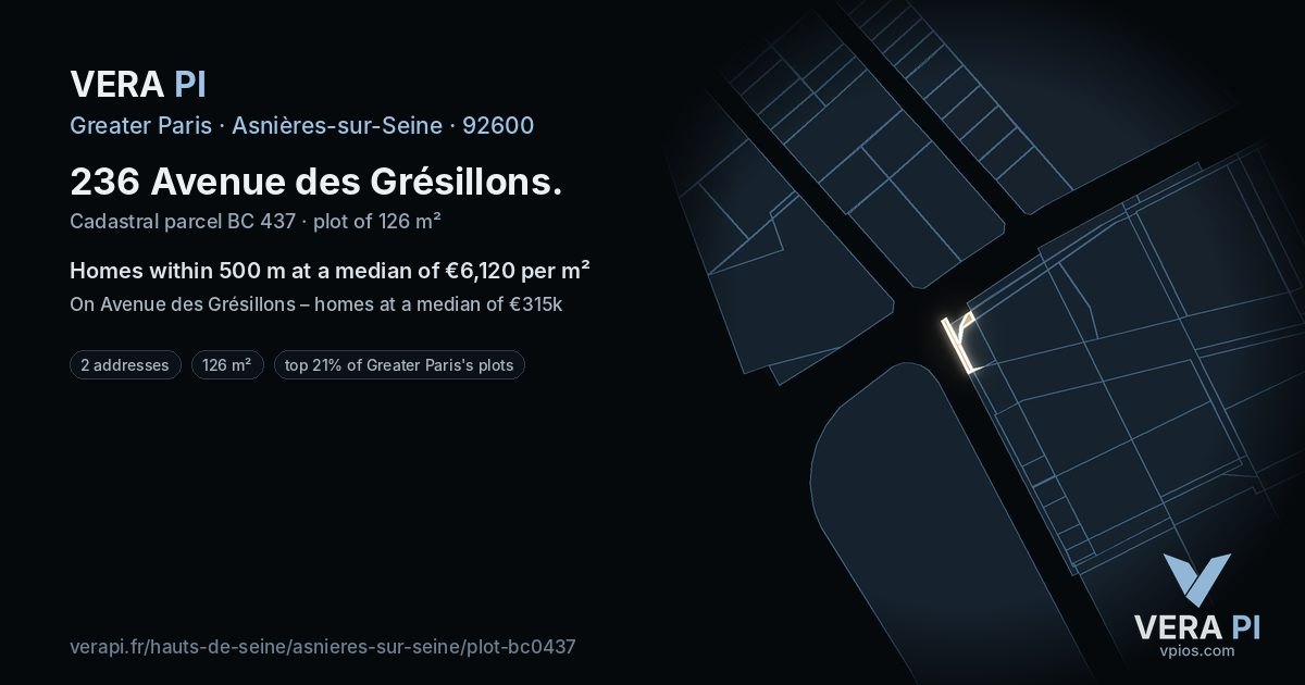 236 Avenue des Grésillons, Asnières-sur-Seine at night – the plot lit, the parcels around coloured by the prices near them
