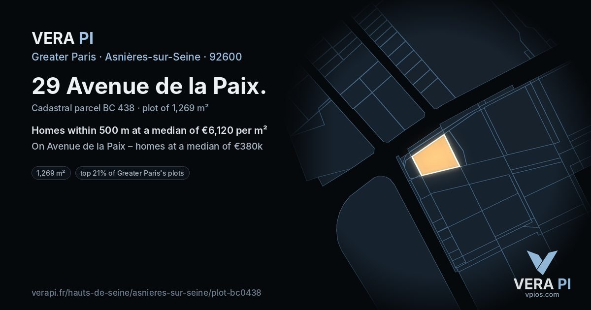 29 Avenue de la Paix, Asnières-sur-Seine at night – the plot lit, the parcels around coloured by the prices near them