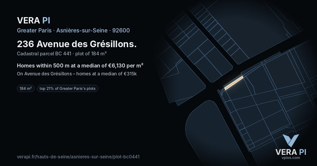 236 Avenue des Grésillons, Asnières-sur-Seine at night – the plot lit, the parcels around coloured by the prices near them