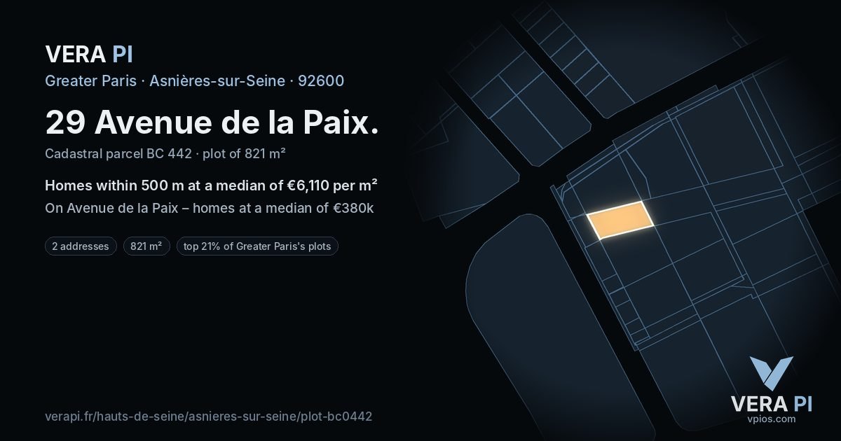 29 Avenue de la Paix, Asnières-sur-Seine at night – the plot lit, the parcels around coloured by the prices near them