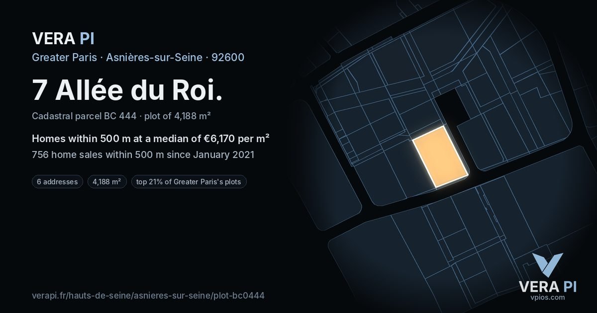 7 Allée du Roi, Asnières-sur-Seine at night – the plot lit, the parcels around coloured by the prices near them