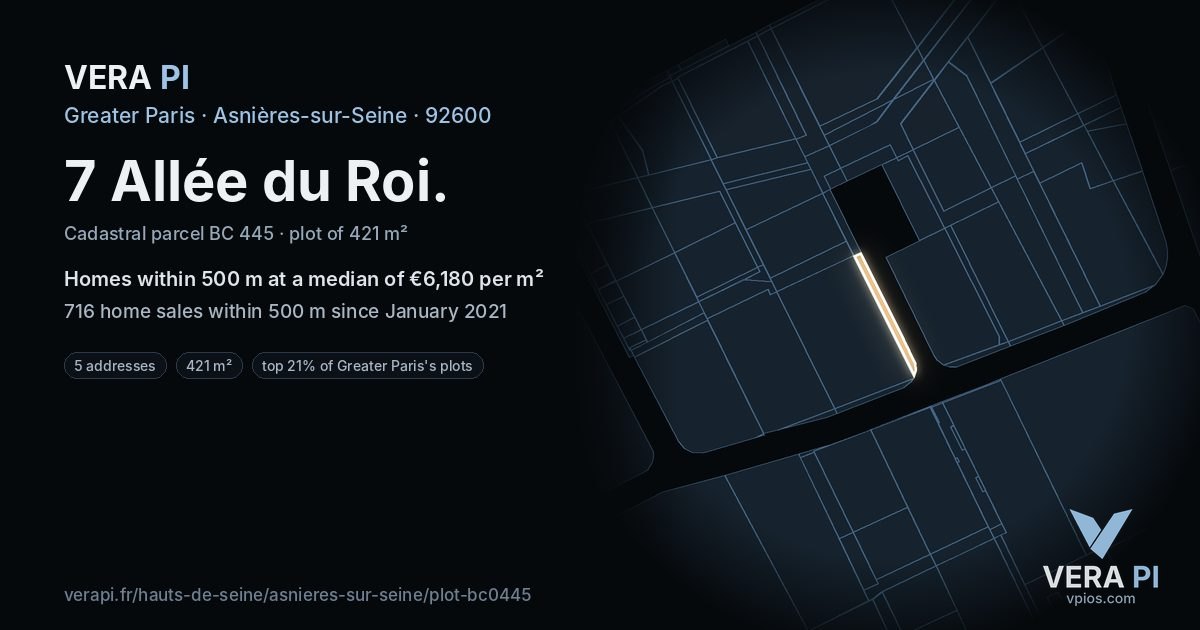 7 Allée du Roi, Asnières-sur-Seine at night – the plot lit, the parcels around coloured by the prices near them