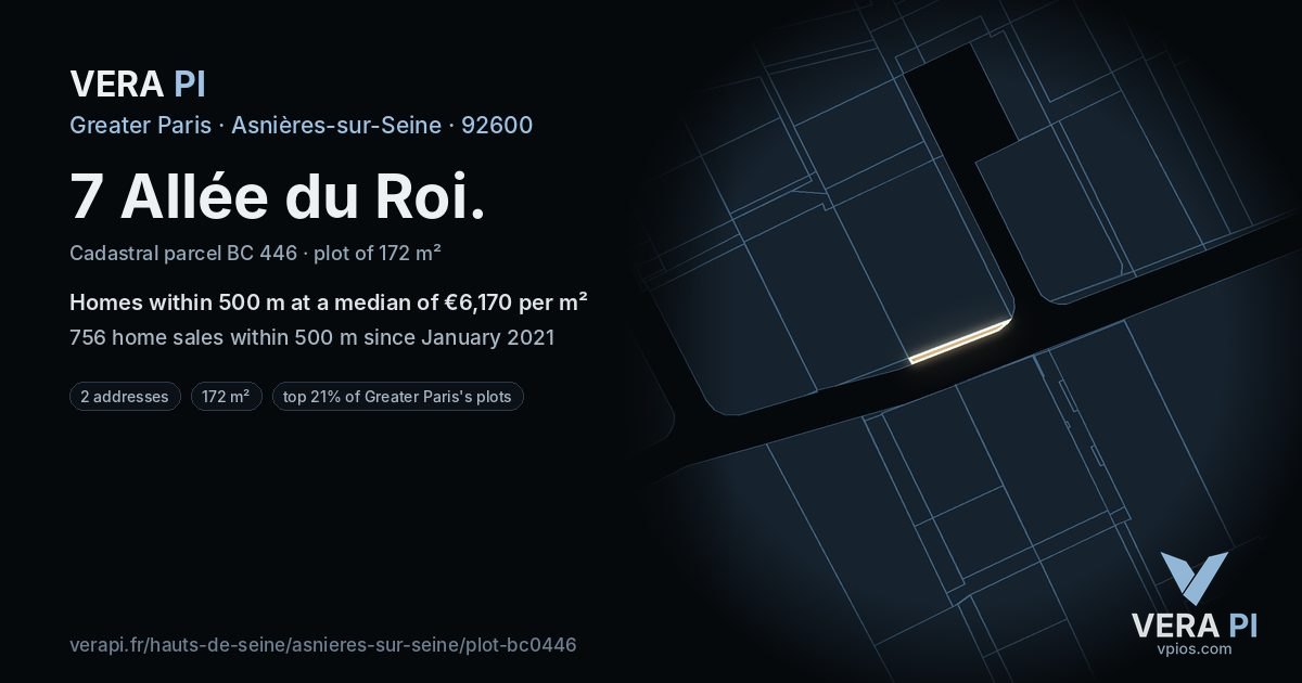 7 Allée du Roi, Asnières-sur-Seine at night – the plot lit, the parcels around coloured by the prices near them