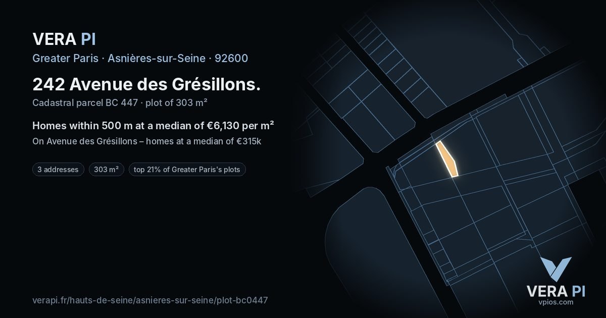 242 Avenue des Grésillons, Asnières-sur-Seine at night – the plot lit, the parcels around coloured by the prices near them
