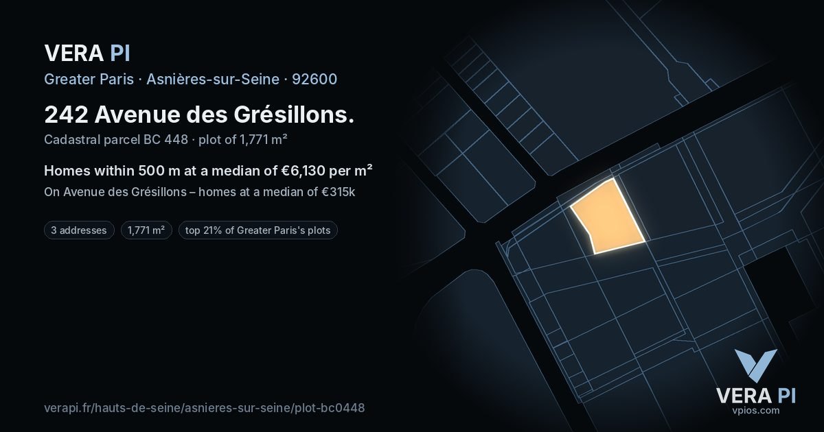 242 Avenue des Grésillons, Asnières-sur-Seine at night – the plot lit, the parcels around coloured by the prices near them