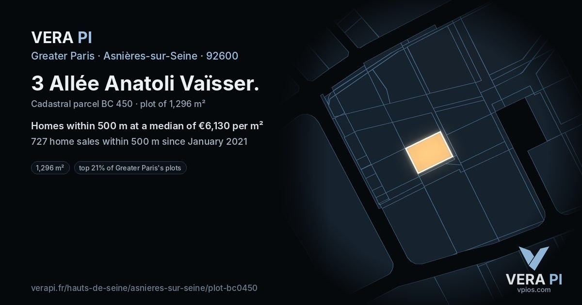 3 Allée Anatoli Vaïsser, Asnières-sur-Seine at night – the plot lit, the parcels around coloured by the prices near them