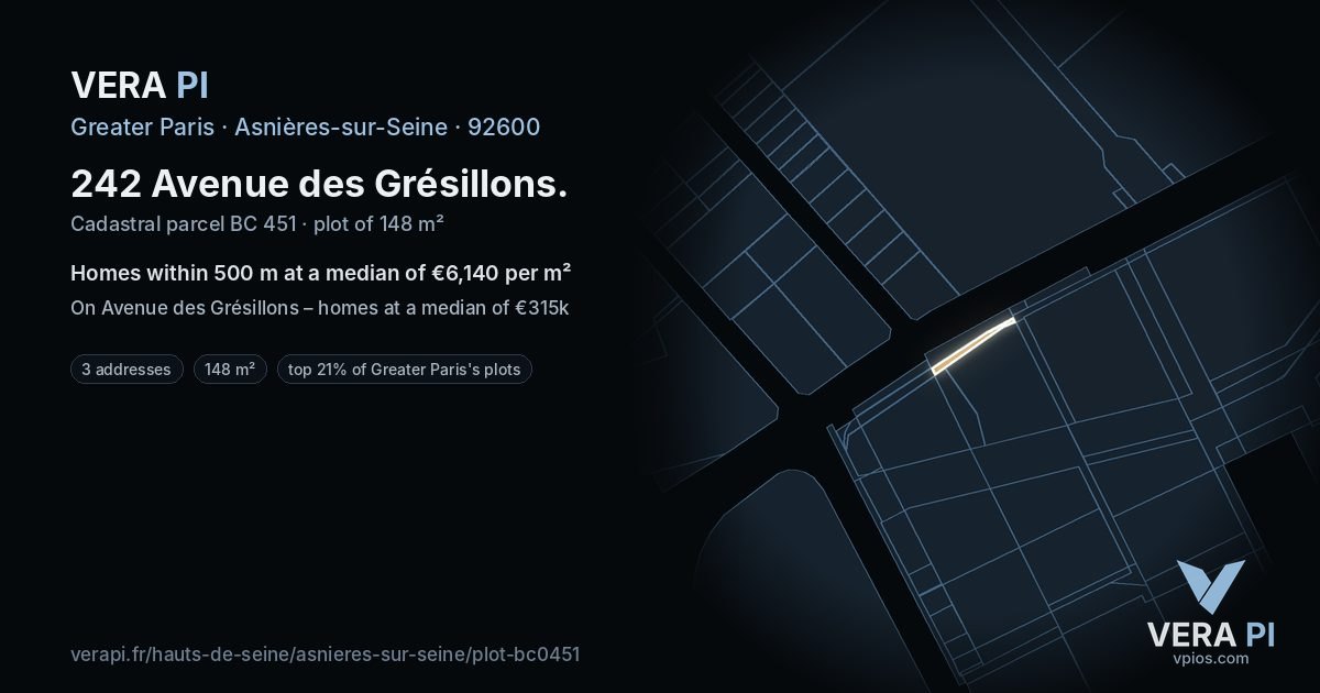 242 Avenue des Grésillons, Asnières-sur-Seine at night – the plot lit, the parcels around coloured by the prices near them