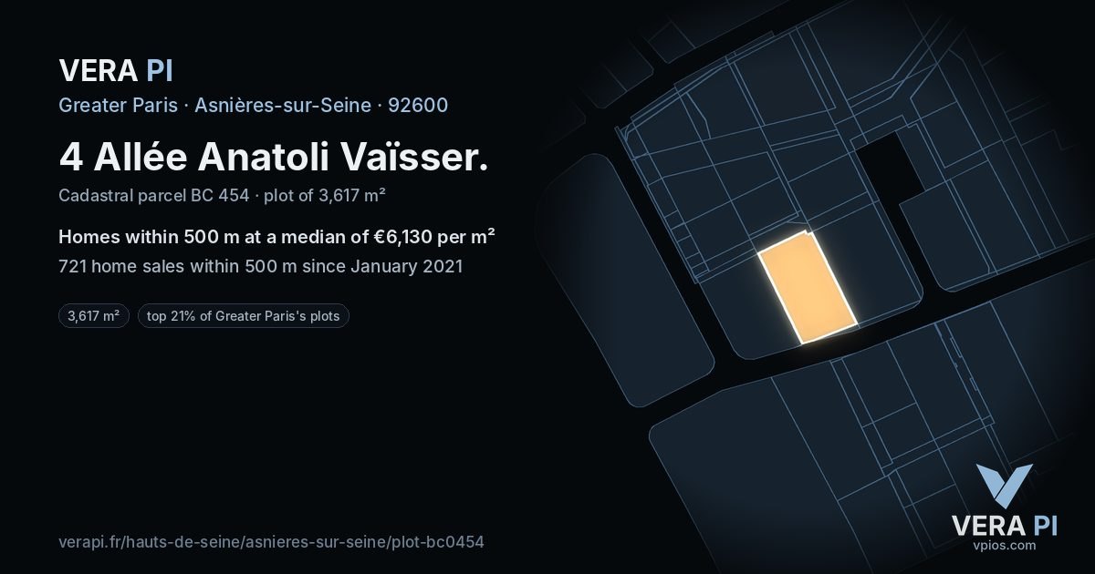 4 Allée Anatoli Vaïsser, Asnières-sur-Seine at night – the plot lit, the parcels around coloured by the prices near them