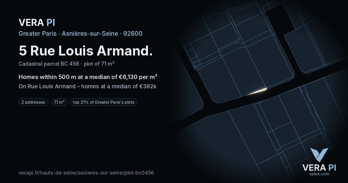 5 Rue Louis Armand, Asnières-sur-Seine at night – the plot lit, the parcels around coloured by the prices near them