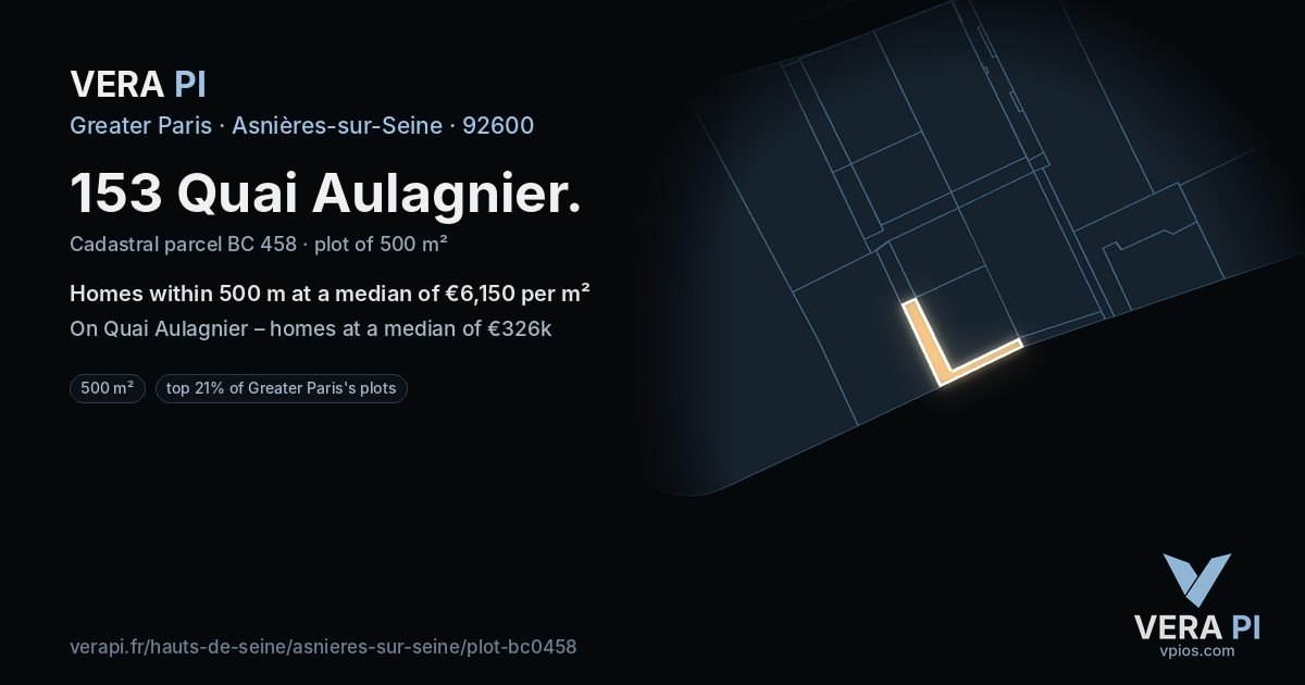 153 Quai Aulagnier, Asnières-sur-Seine at night – the plot lit, the parcels around coloured by the prices near them
