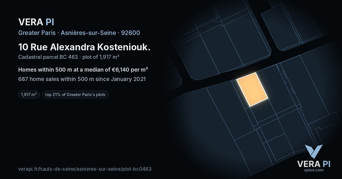 10 Rue Alexandra Kosteniouk, Asnières-sur-Seine at night – the plot lit, the parcels around coloured by the prices near them
