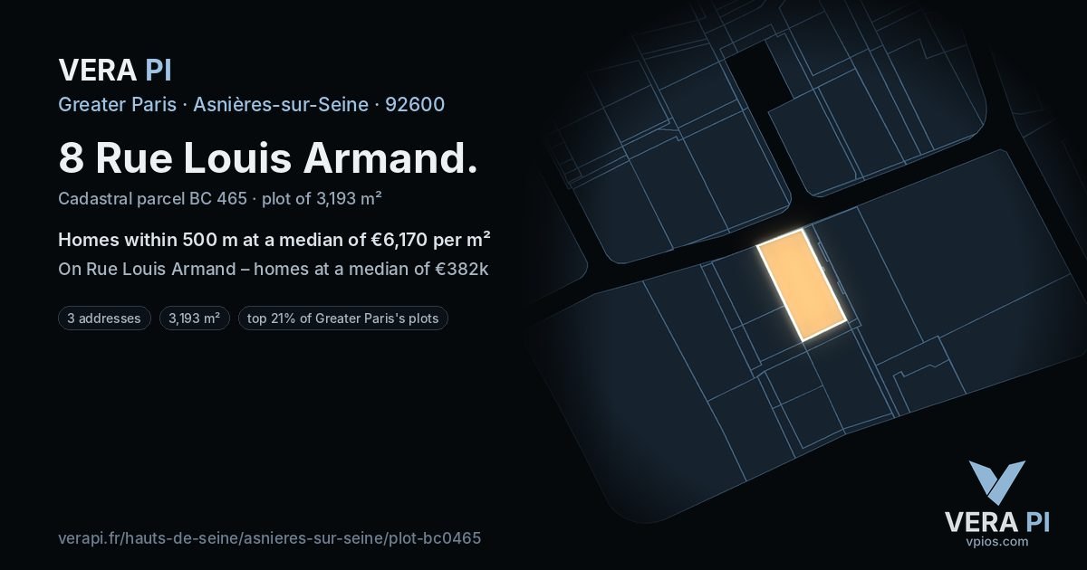 8 Rue Louis Armand, Asnières-sur-Seine at night – the plot lit, the parcels around coloured by the prices near them