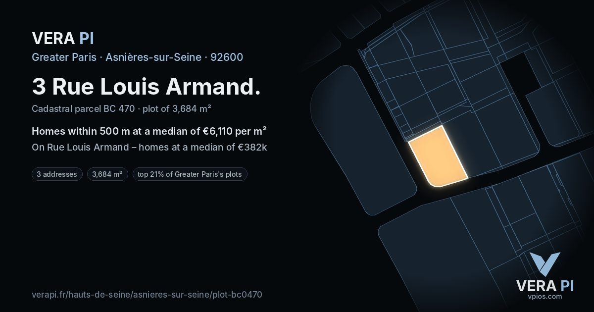 3 Rue Louis Armand, Asnières-sur-Seine at night – the plot lit, the parcels around coloured by the prices near them