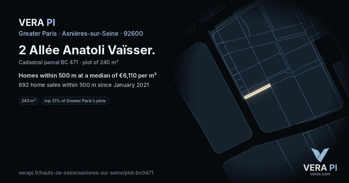 2 Allée Anatoli Vaïsser, Asnières-sur-Seine at night – the plot lit, the parcels around coloured by the prices near them