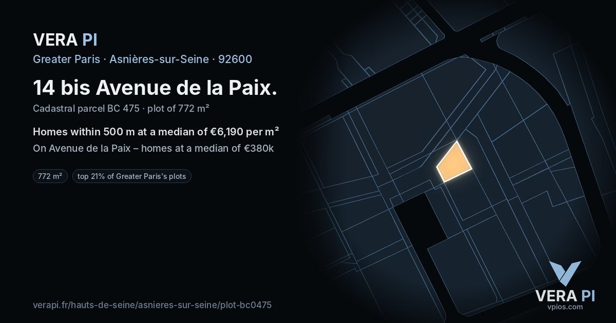 14 bis Avenue de la Paix, Asnières-sur-Seine at night – the plot lit, the parcels around coloured by the prices near them