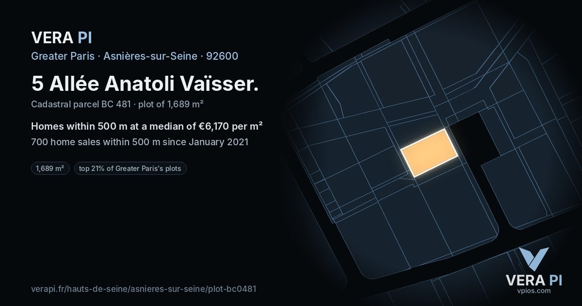 5 Allée Anatoli Vaïsser, Asnières-sur-Seine at night – the plot lit, the parcels around coloured by the prices near them