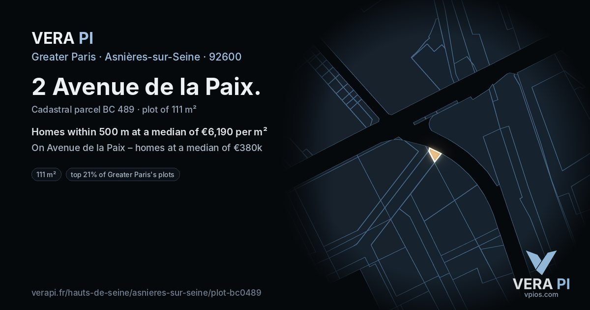 2 Avenue de la Paix, Asnières-sur-Seine at night – the plot lit, the parcels around coloured by the prices near them
