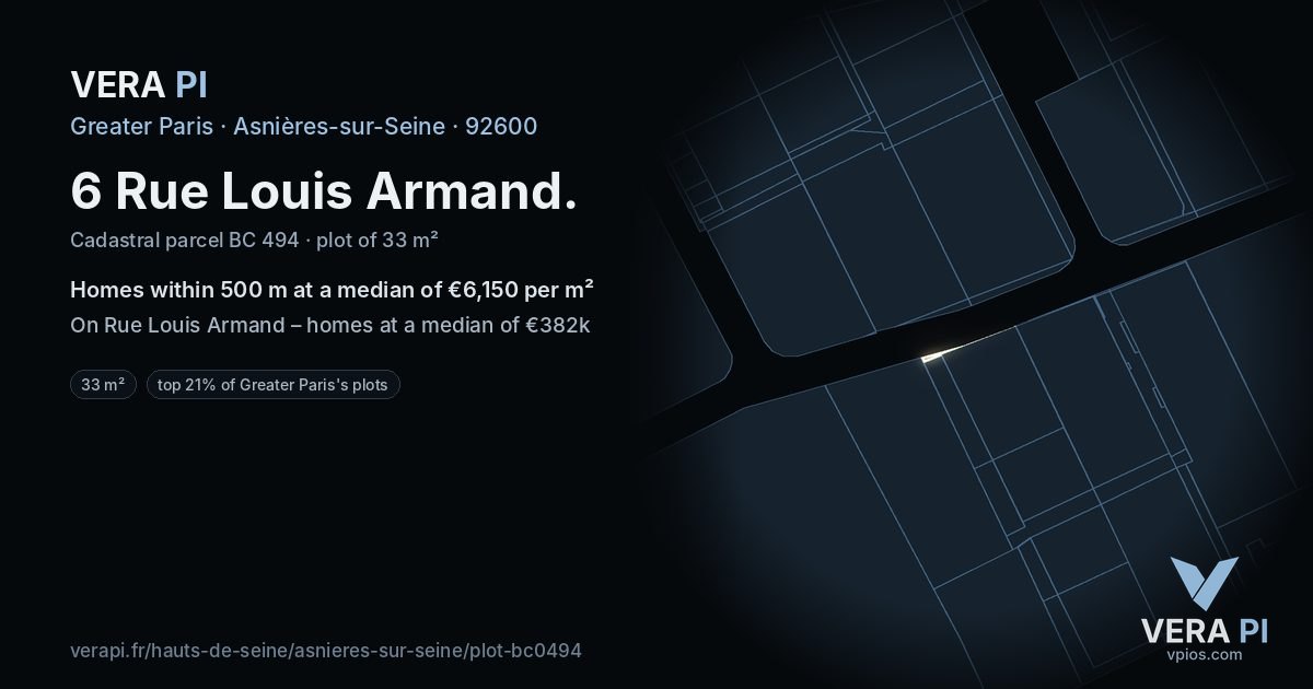 6 Rue Louis Armand, Asnières-sur-Seine at night – the plot lit, the parcels around coloured by the prices near them
