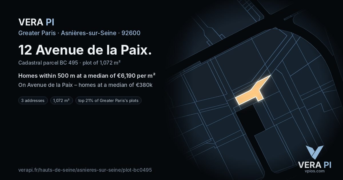 12 Avenue de la Paix, Asnières-sur-Seine at night – the plot lit, the parcels around coloured by the prices near them