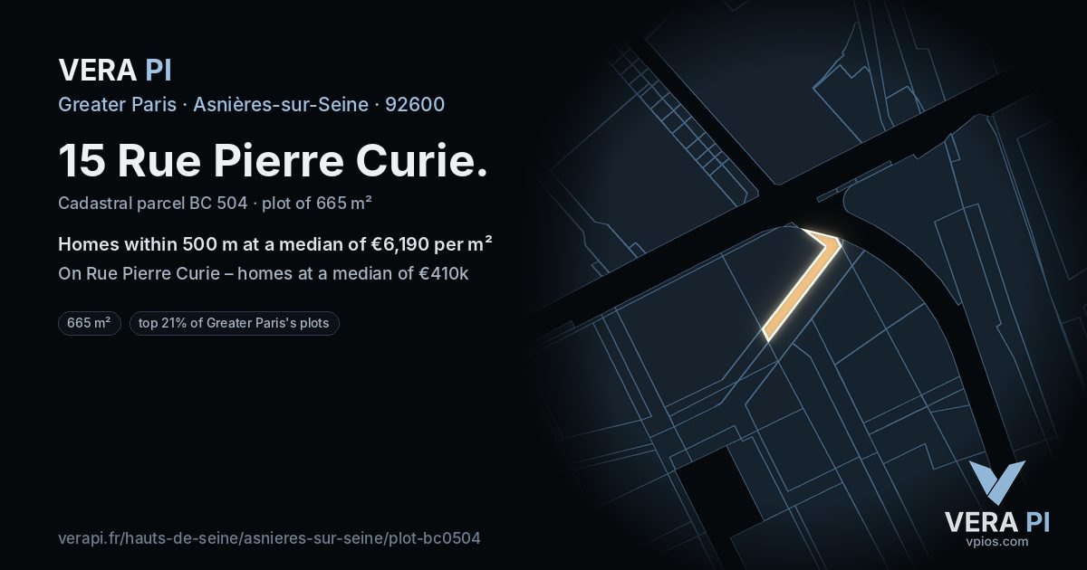 15 Rue Pierre Curie, Asnières-sur-Seine at night – the plot lit, the parcels around coloured by the prices near them