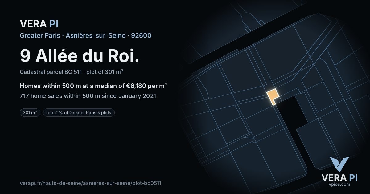 9 Allée du Roi, Asnières-sur-Seine at night – the plot lit, the parcels around coloured by the prices near them