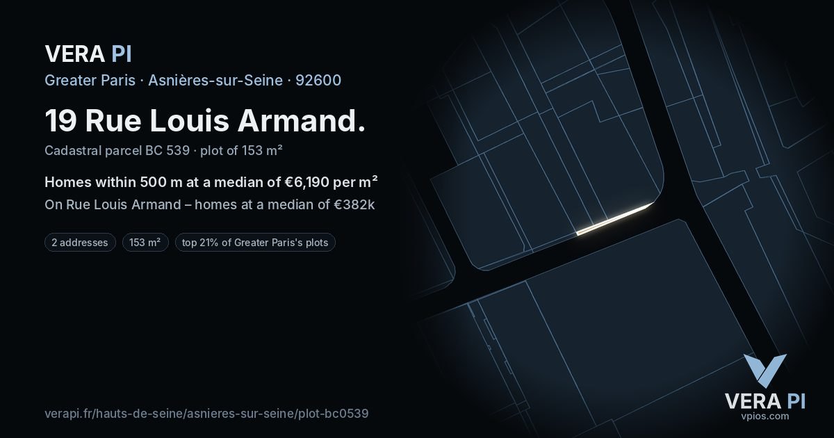 19 Rue Louis Armand, Asnières-sur-Seine at night – the plot lit, the parcels around coloured by the prices near them