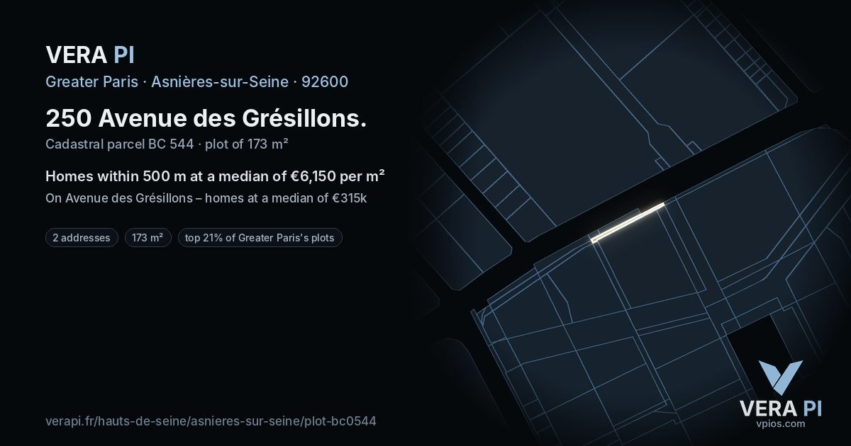 250 Avenue des Grésillons, Asnières-sur-Seine at night – the plot lit, the parcels around coloured by the prices near them