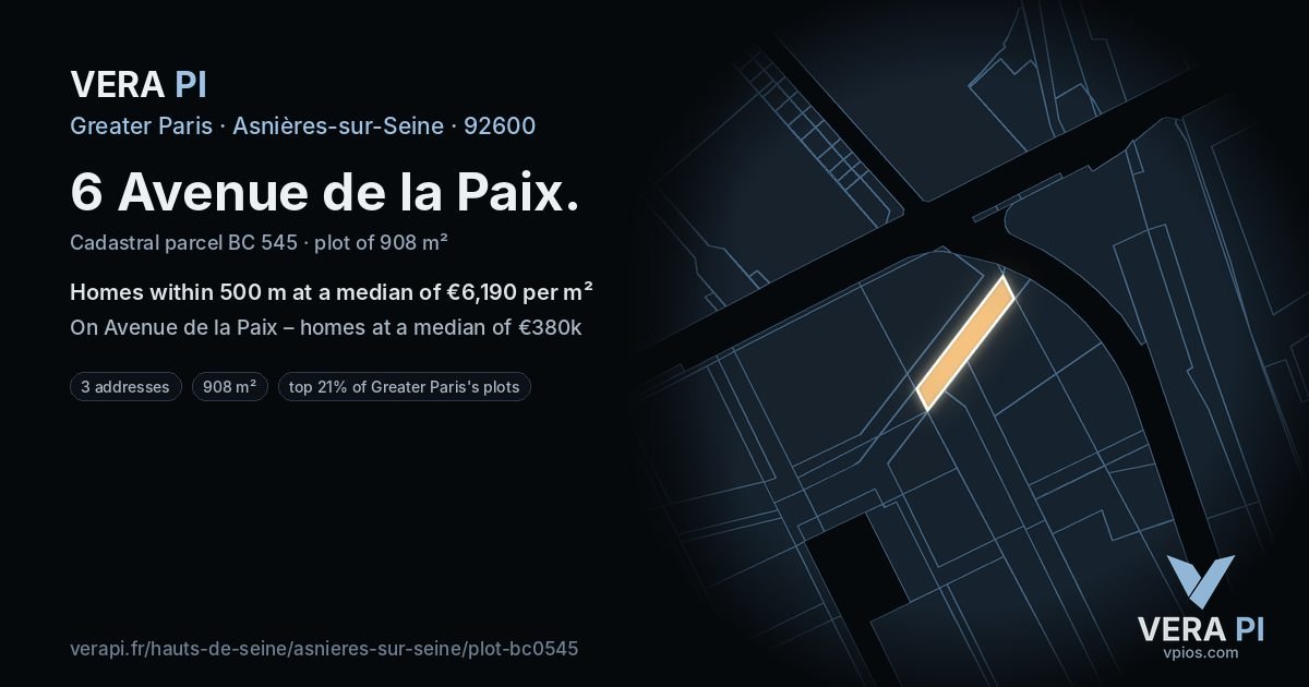6 Avenue de la Paix, Asnières-sur-Seine at night – the plot lit, the parcels around coloured by the prices near them