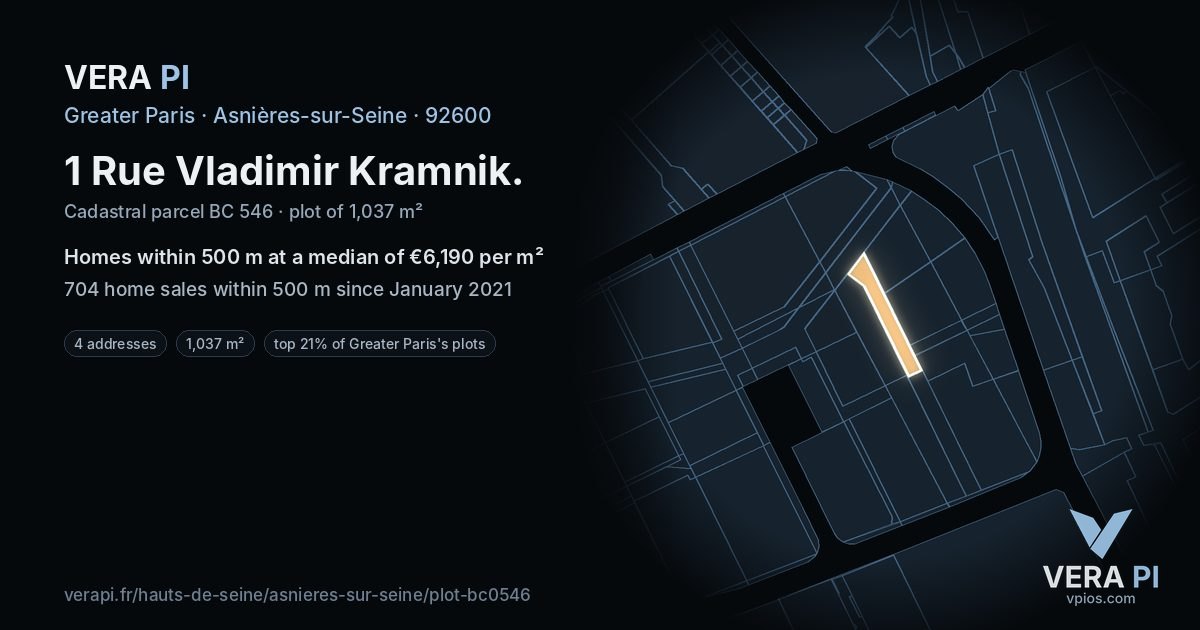 1 Rue Vladimir Kramnik, Asnières-sur-Seine at night – the plot lit, the parcels around coloured by the prices near them