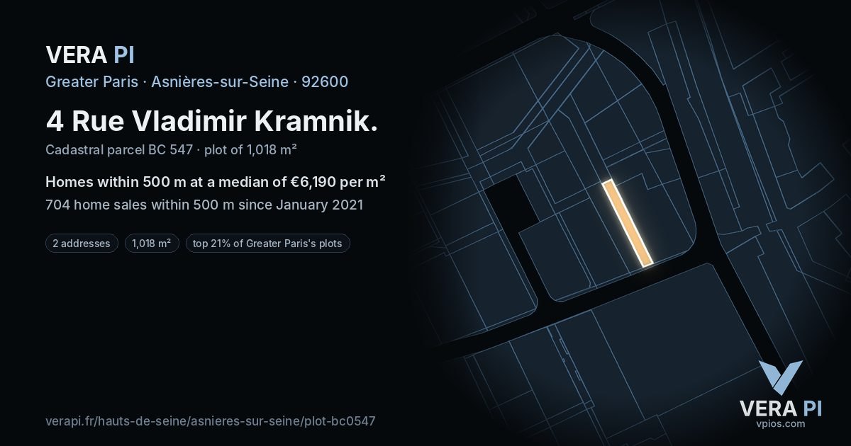 4 Rue Vladimir Kramnik, Asnières-sur-Seine at night – the plot lit, the parcels around coloured by the prices near them