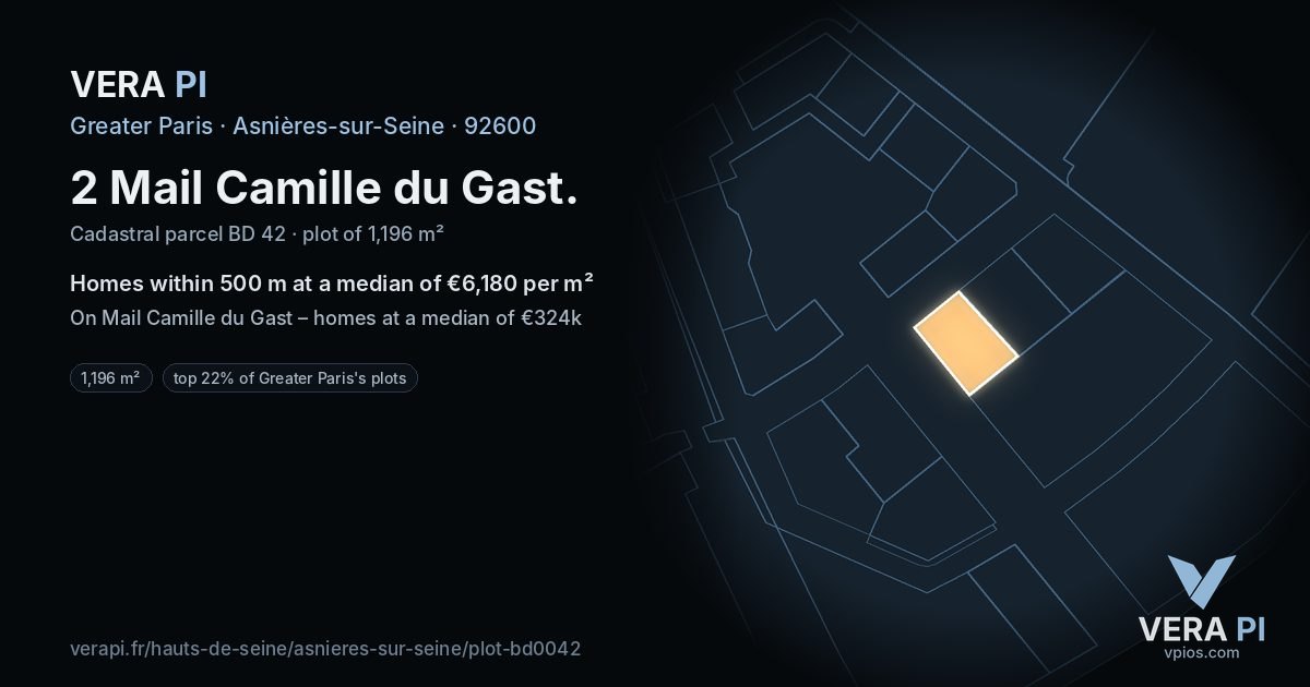 2 Mail Camille du Gast, Asnières-sur-Seine at night – the plot lit, the parcels around coloured by the prices near them