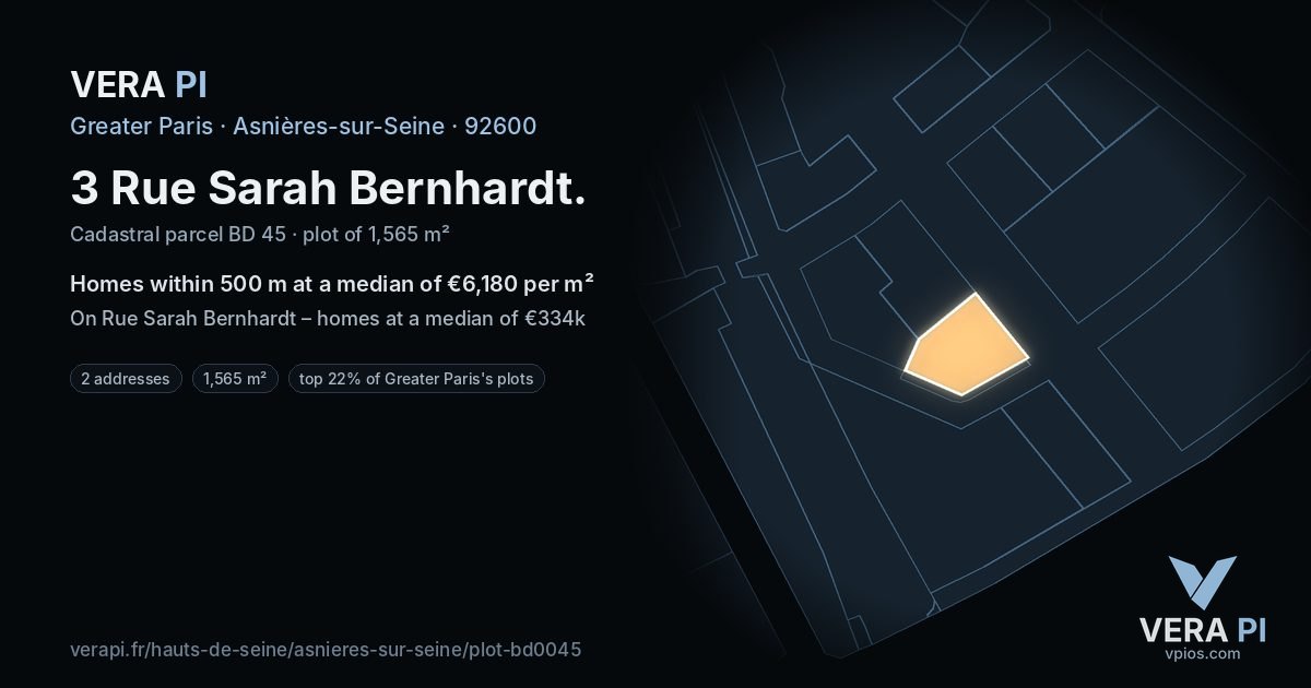 3 Rue Sarah Bernhardt, Asnières-sur-Seine at night – the plot lit, the parcels around coloured by the prices near them