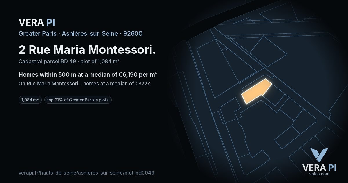 2 Rue Maria Montessori, Asnières-sur-Seine at night – the plot lit, the parcels around coloured by the prices near them