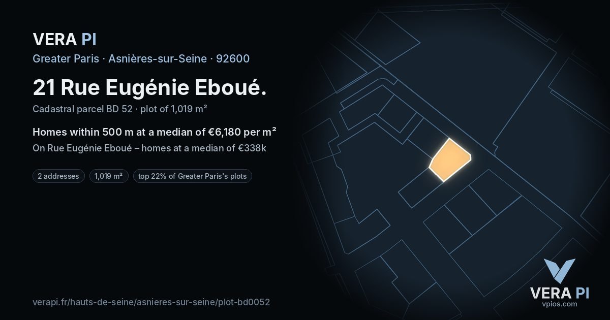 21 Rue Eugénie Eboué, Asnières-sur-Seine at night – the plot lit, the parcels around coloured by the prices near them