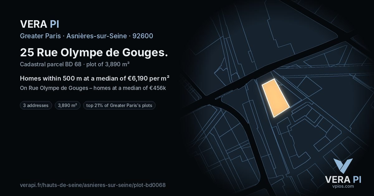 25 Rue Olympe de Gouges, Asnières-sur-Seine at night – the plot lit, the parcels around coloured by the prices near them