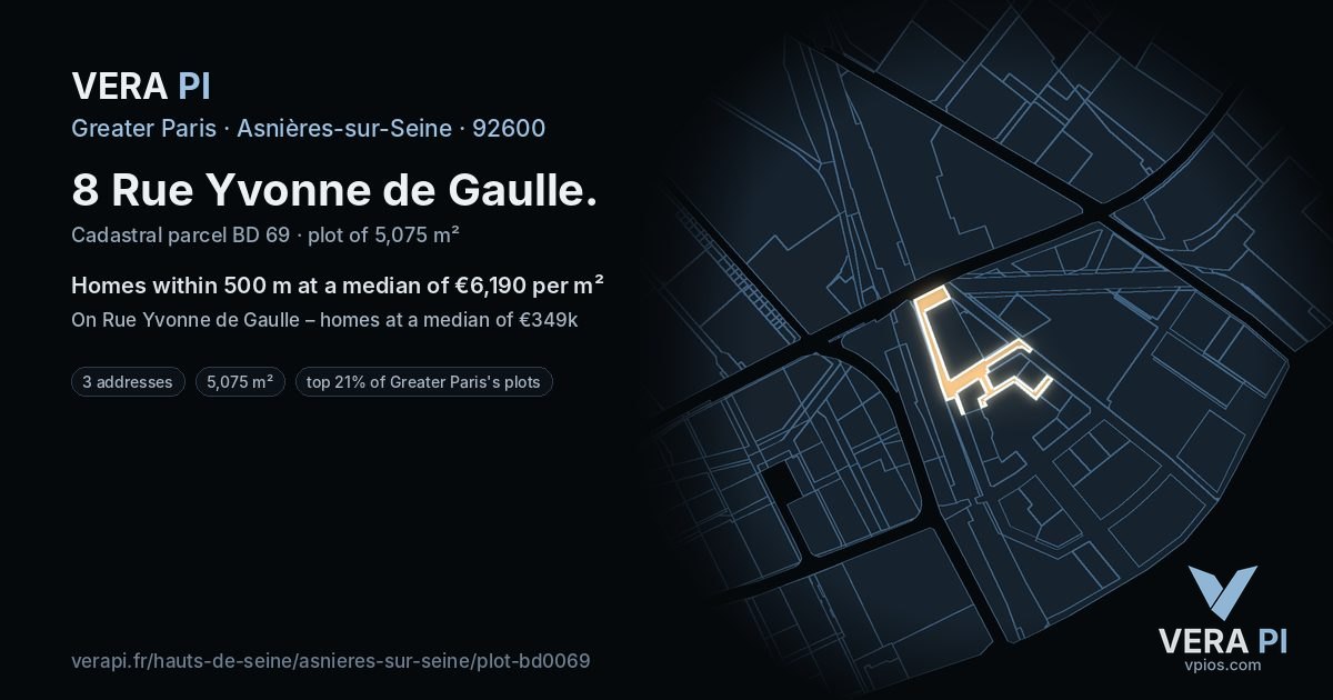 8 Rue Yvonne de Gaulle, Asnières-sur-Seine at night – the plot lit, the parcels around coloured by the prices near them